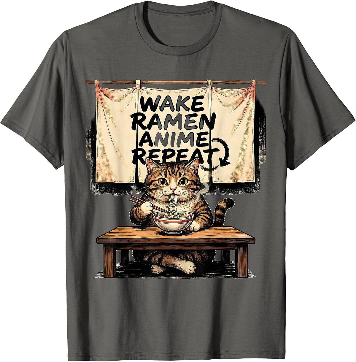 Wake Ramen Anime Repeat Funny Kawaii Cat Lover Gift T-Shirt - Asphalt Grey