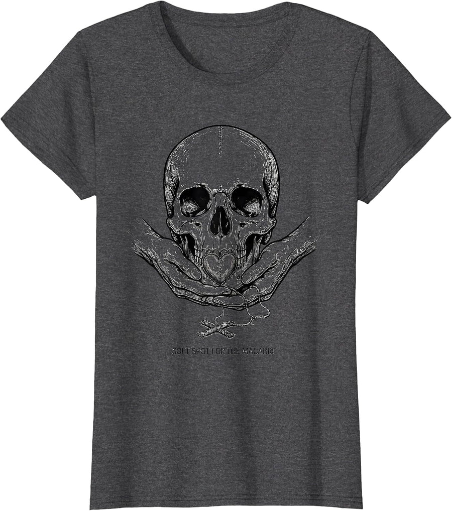 Women's Soft Spot For The Macabre Y2K Grunge Goth Alt Skull T-Shirt - Dark Heather Grey