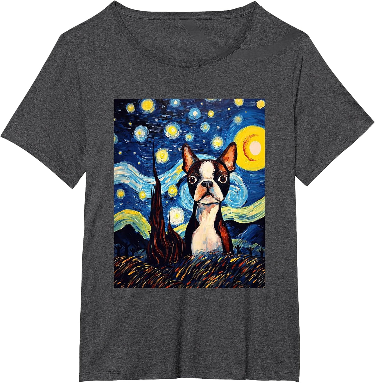Boston Terrier Starry Night Van Gogh Art T-Shirt - Dark Heather Grey