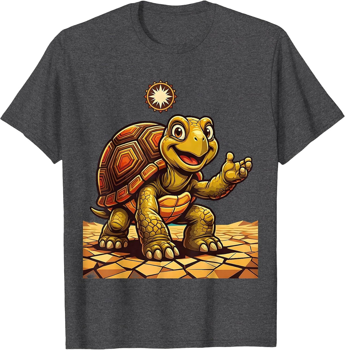 Tortoise on Sun-Cracked Earth Safari Design T-Shirt - Dark Heather Grey