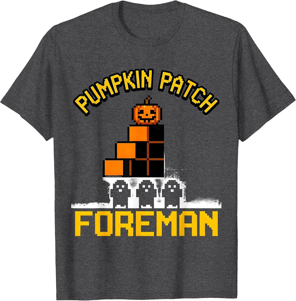 Pumpkin Patch Foreman Pixel Art Halloween Costume Boys Kids T-Shirt - Dark Heather Grey