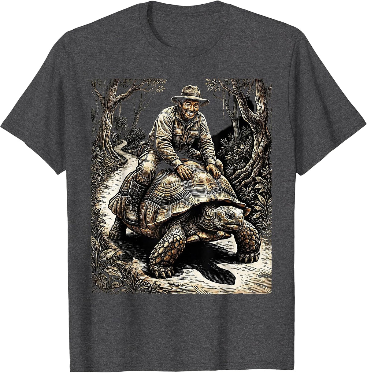 Men's Zoo Keeper Riding Tortoise Down Zoo Path T-Shirt - Dark Heather Grey