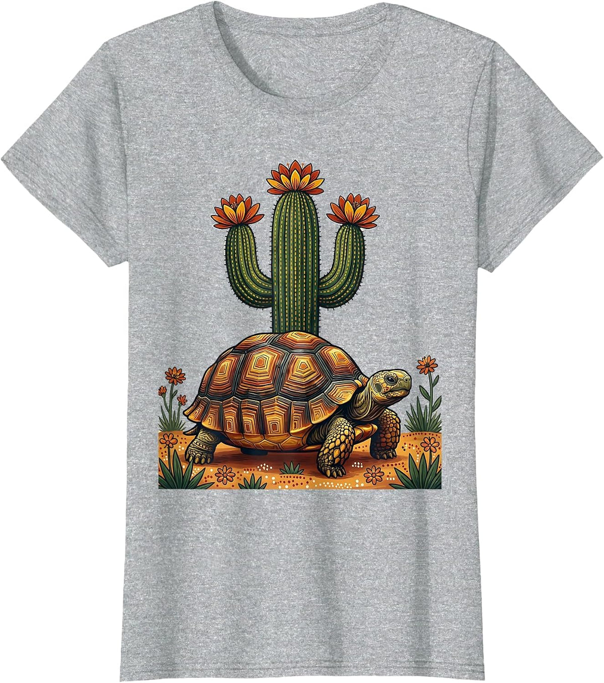 Desert Tortoise and Blooming Cactus Western Art T-Shirt - Heather Grey