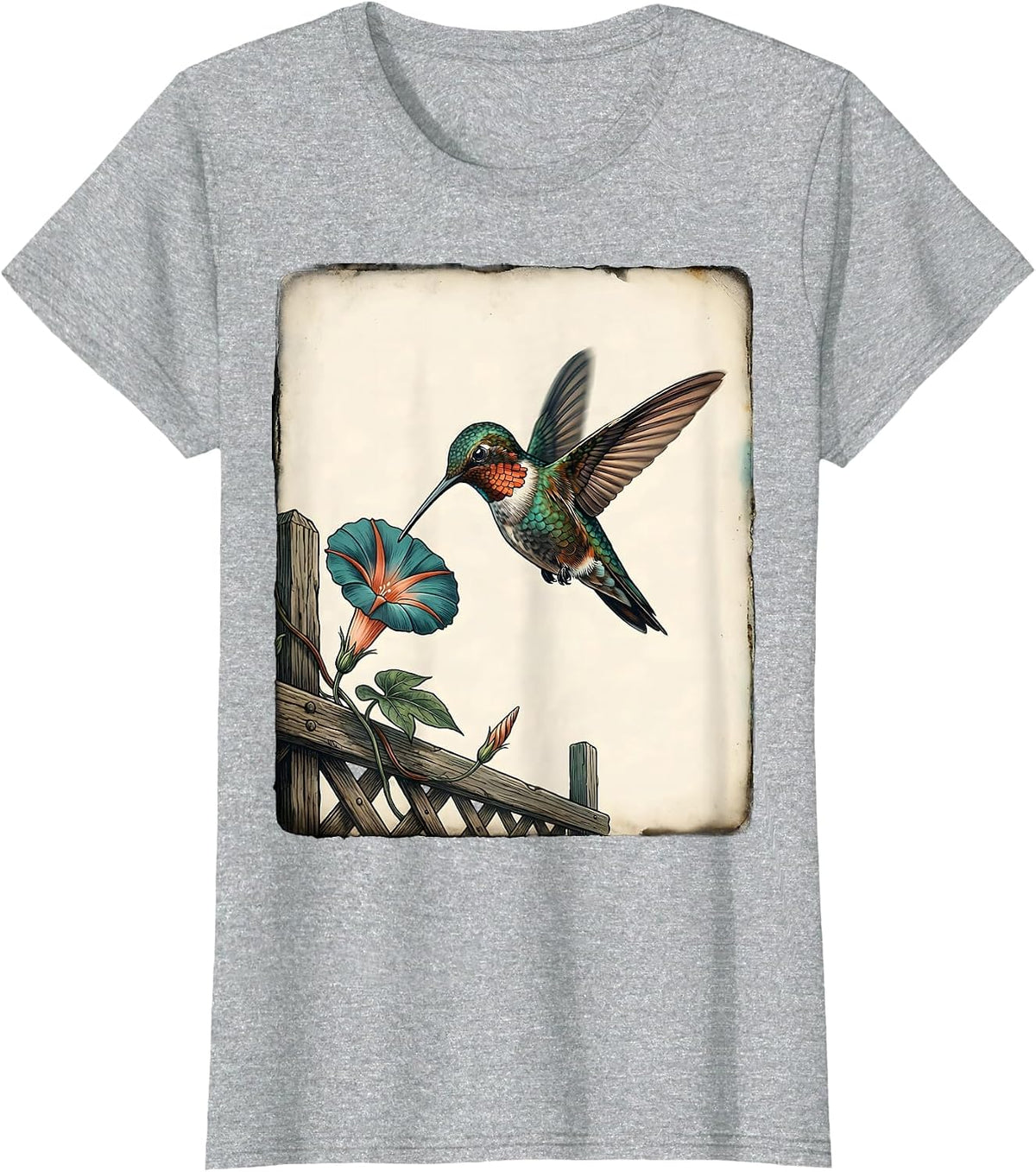 Women's Hovering Hummingbird Vintage Birdwatcher Nature Art T-Shirt - Heather Grey