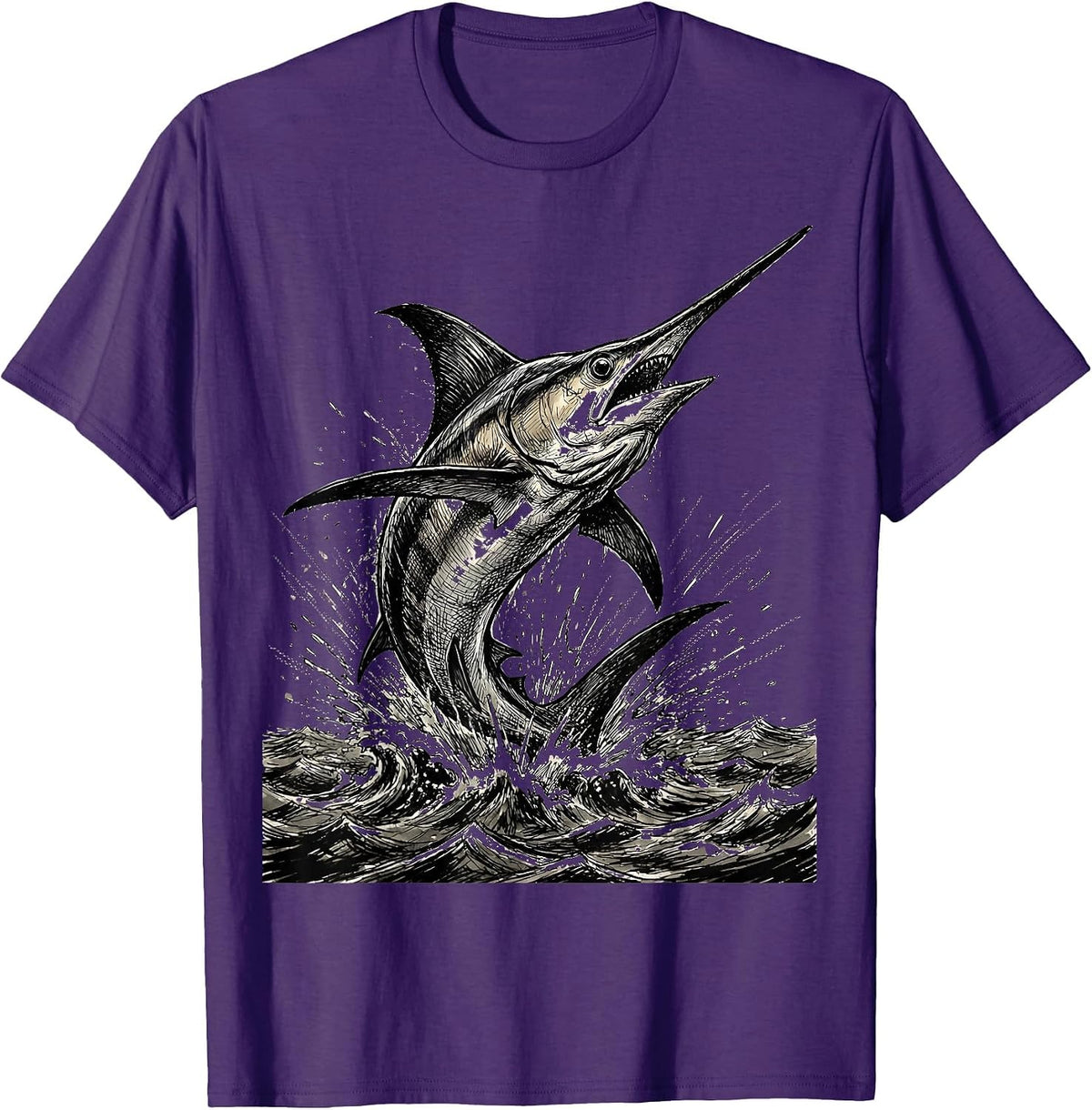 Muscular Swordfish Breaching Ocean Surface T-Shirt - Purple