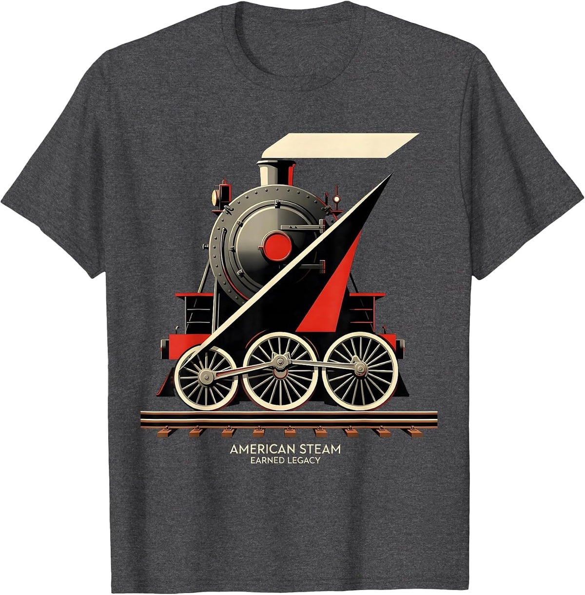 Men's American Steam Earned Legacy Constructivist Poster Train T-Shirt - Dark Heather Grey
