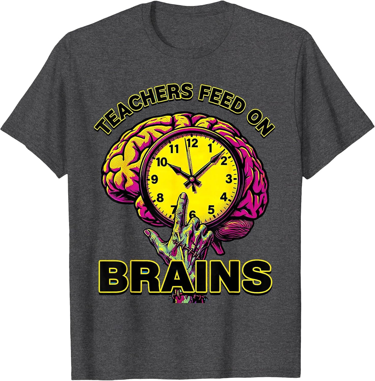 Men's Teachers Feed On Brains Pop Art Funny Halloween Teacher T-Shirt - Dark Heather Grey