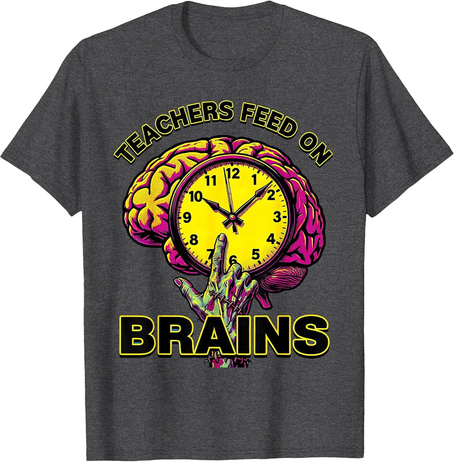 Men's Teachers Feed On Brains Pop Art Funny Halloween Teacher T-Shirt - Dark Heather Grey