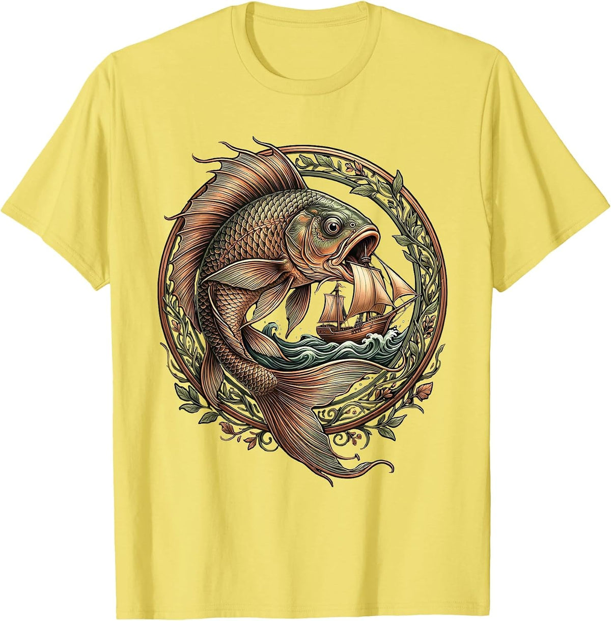 Men's Giant Fish Swallowing Boat Ocean Graphic T-Shirt - Lemon Yellow