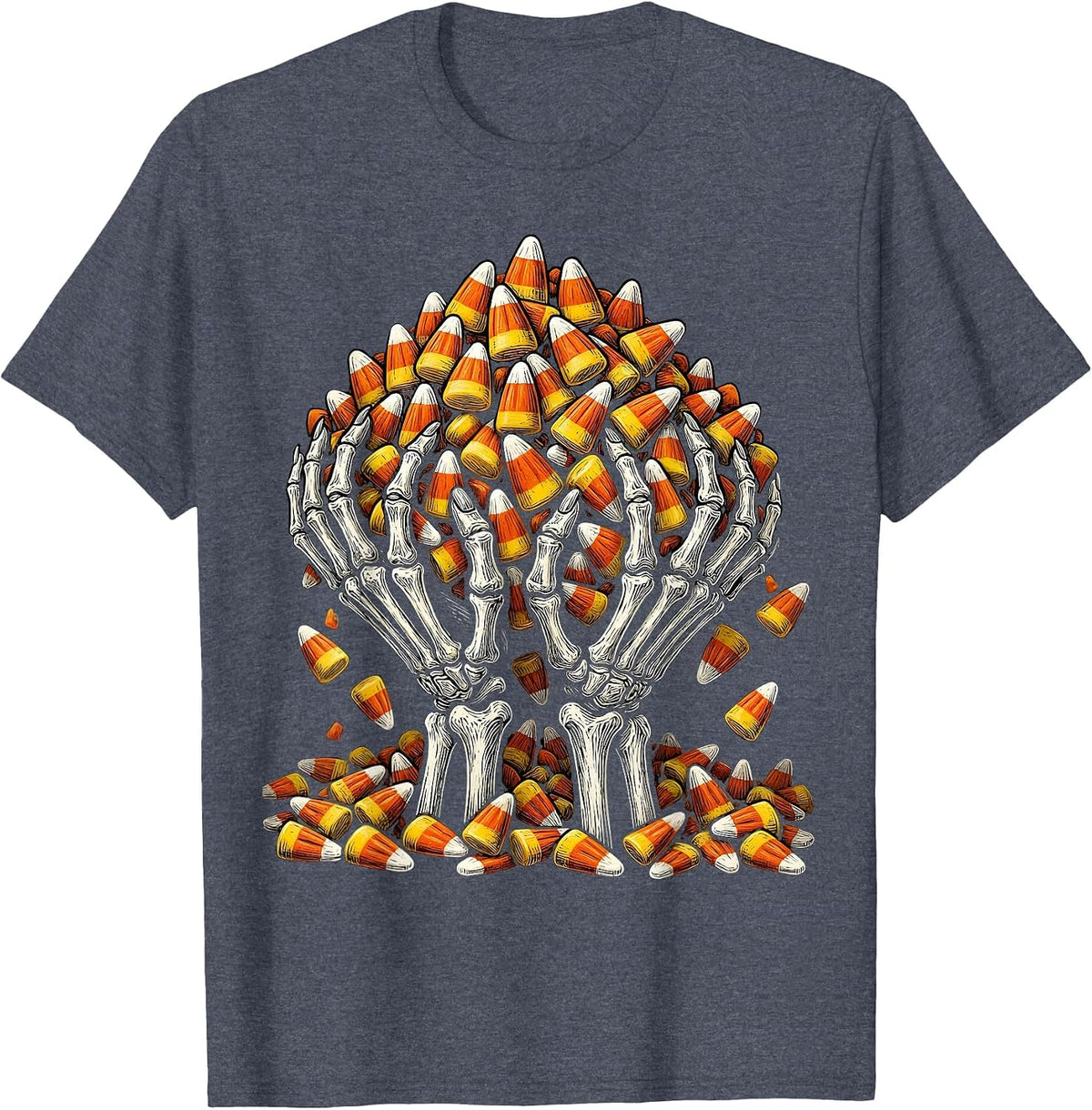 Halloween Candy Corn Skeleton Hands Long Sleeve T-Shirt - Heather Blue