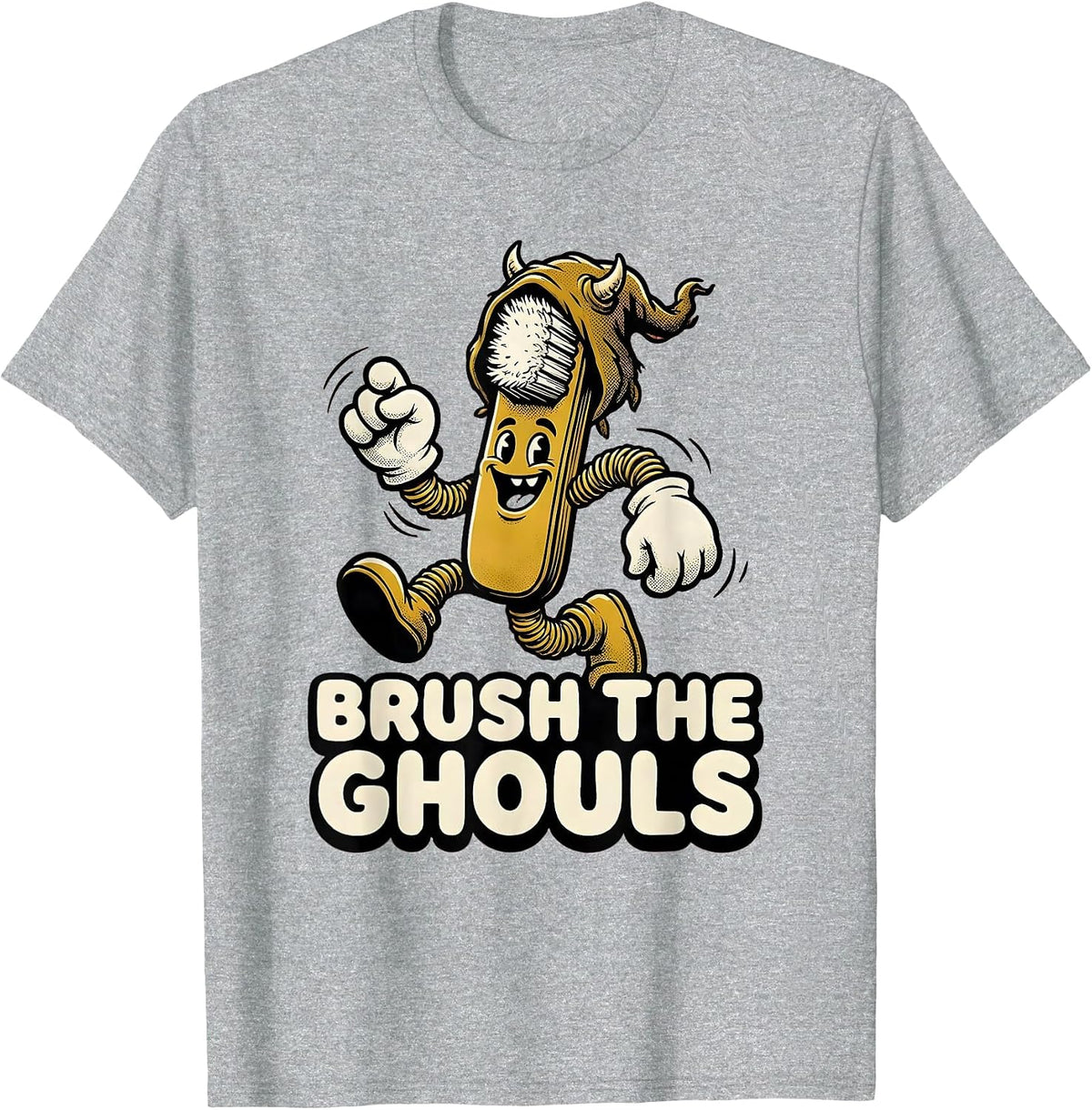 Men's Brush the Ghouls Retro Cartoon Halloween Dentist Dental T-Shirt - Heather Grey