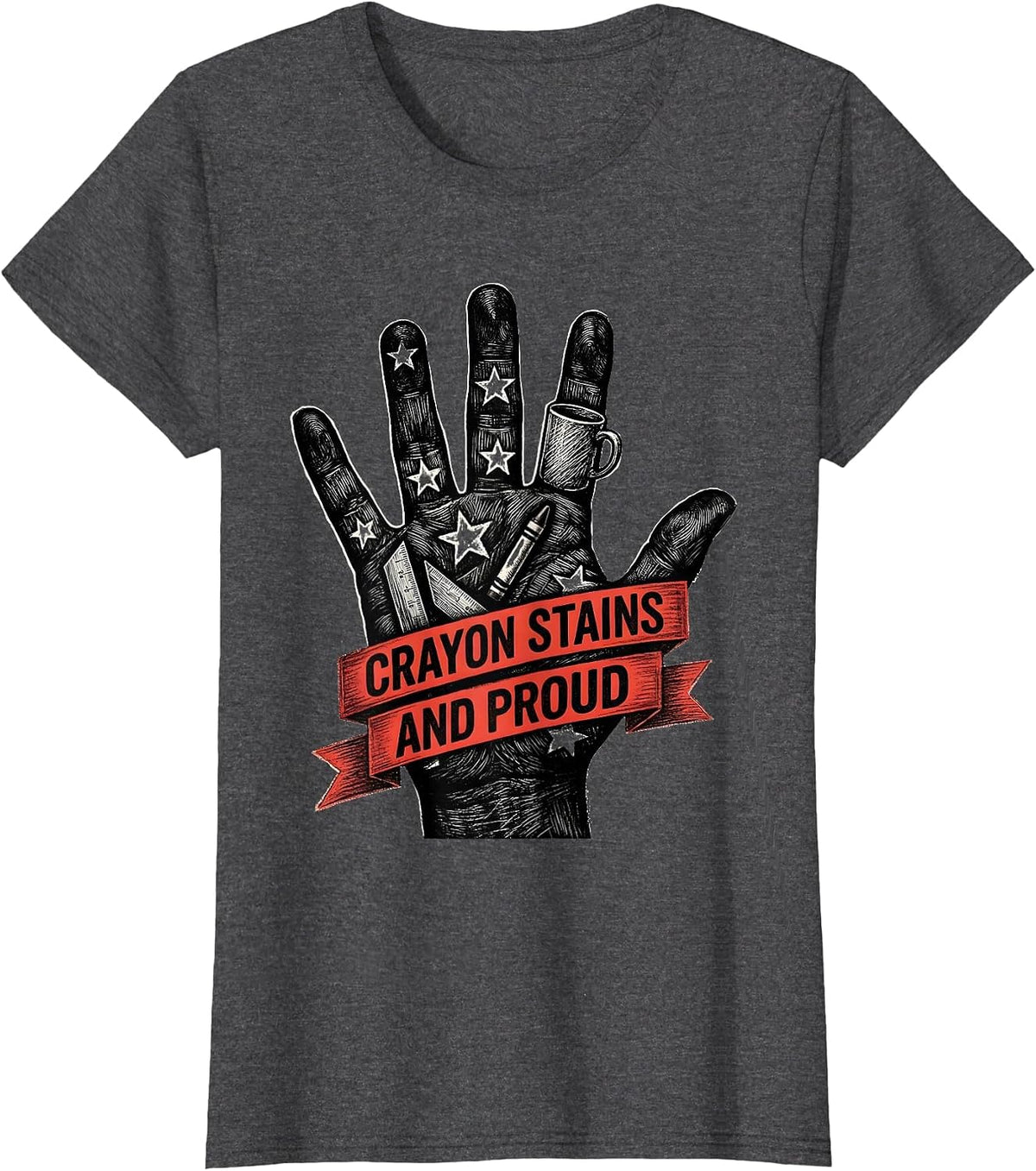 Women's Crayon Stains And Proud Kindergarten Teacher T-Shirt - Dark Heather Grey