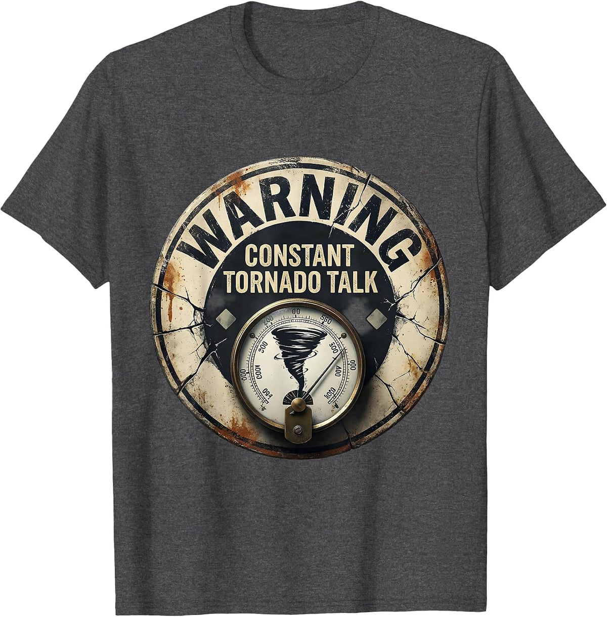 Men's Warning: Constant Tornado Talk Distressed Storm Chaser T-Shirt - Dark Heather Grey