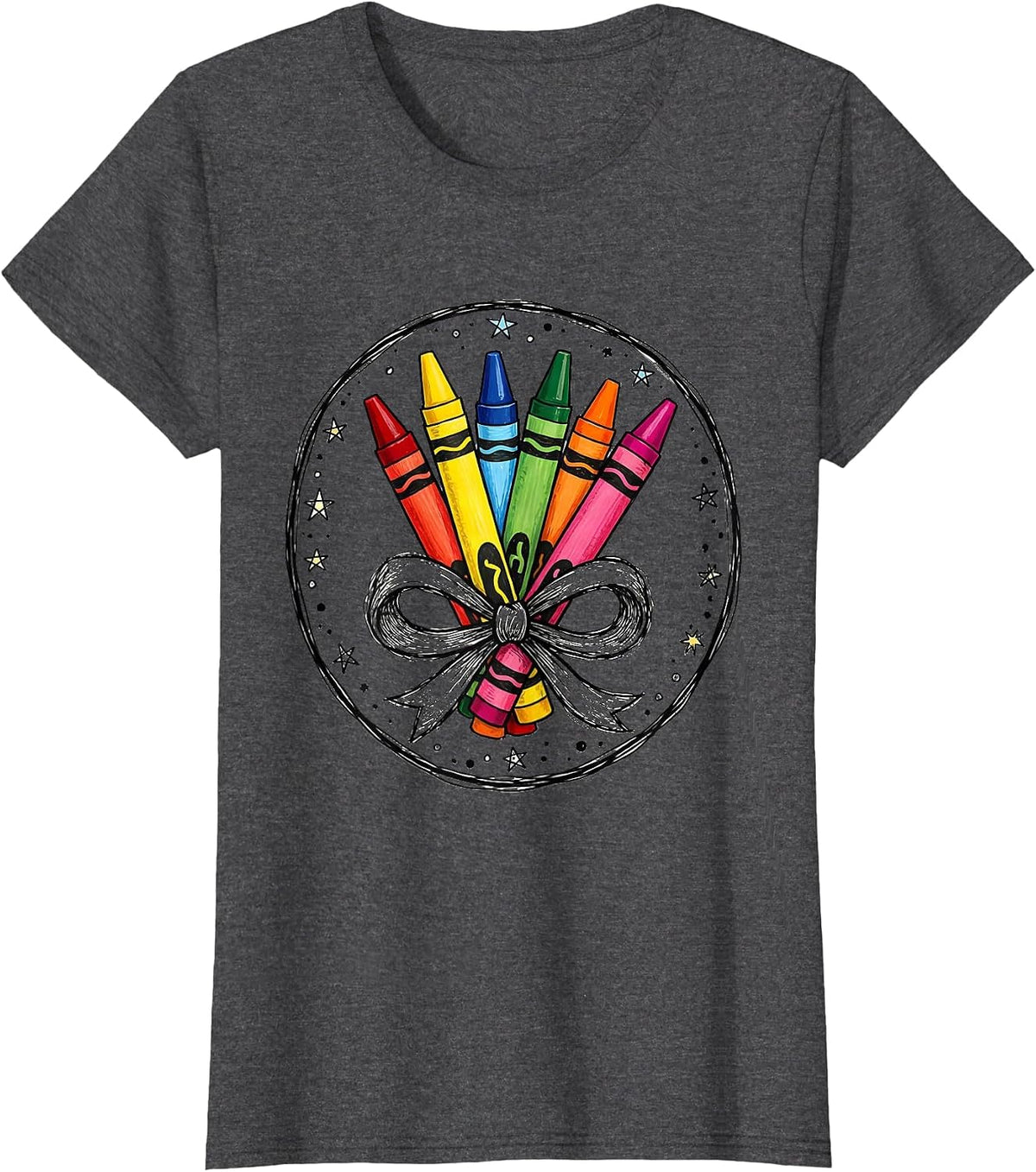 Women's Kindergarten Teacher Crayon Bundle Bow Graphic T-Shirt - Dark Heather Grey