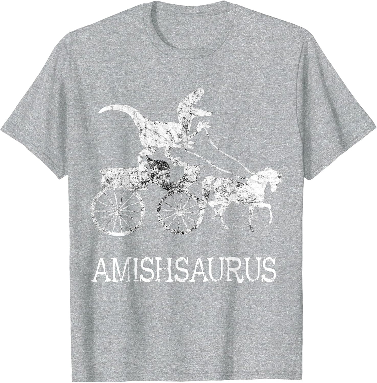 Amish Saurus Dinosaurs Horse Riding Buggy Funny Dino T-Rex T-Shirt - Heather Grey