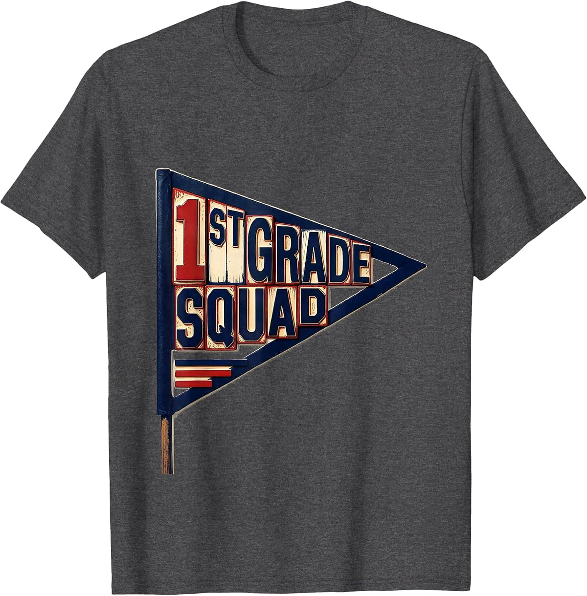 1st Grade Squad Wood Type Letterpress Teacher Crew Back T-Shirt - Dark Heather Grey
