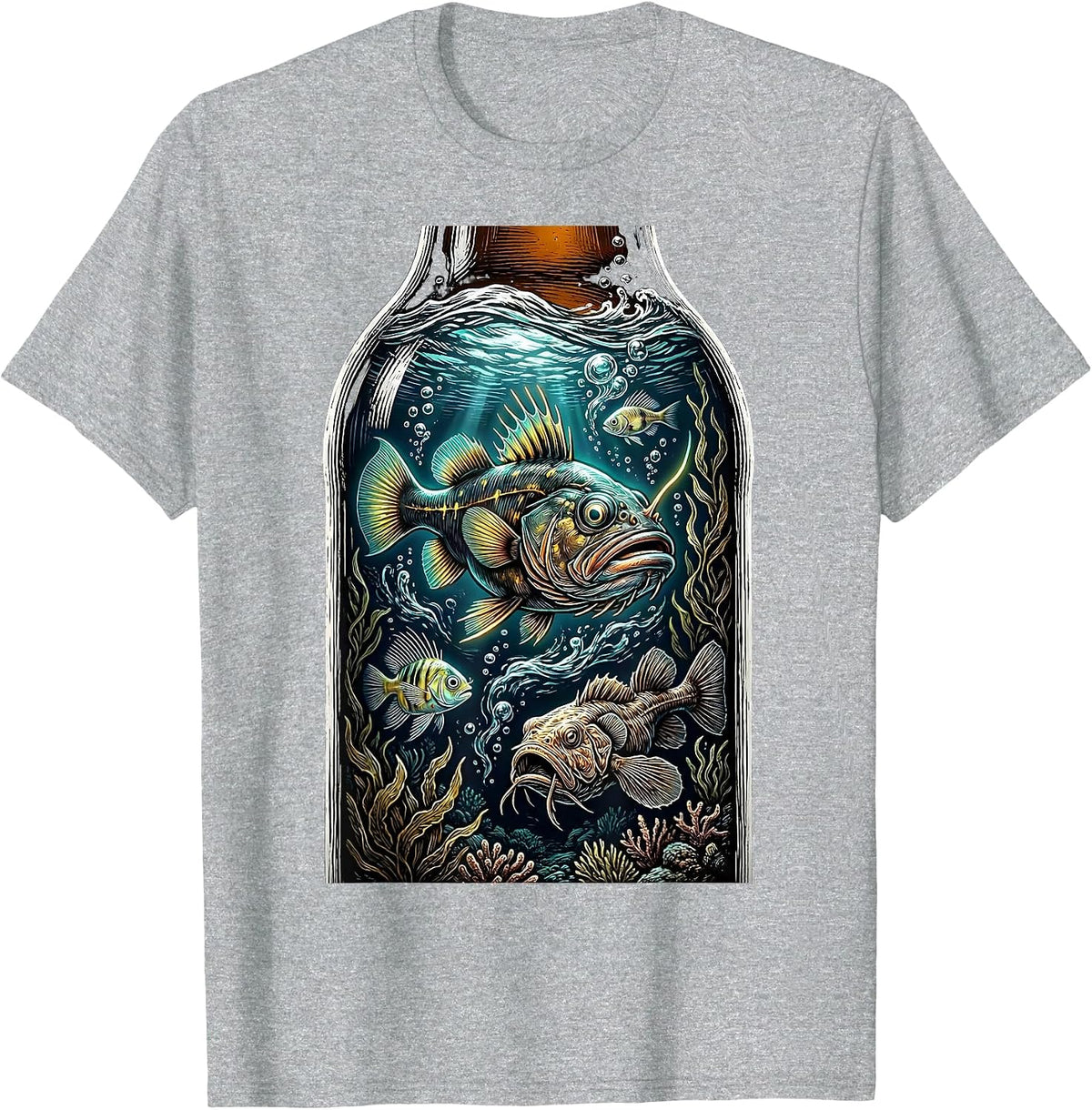 Men's Deep Sea Fish in a Beer Bottle Illustration T-Shirt - Heather Grey