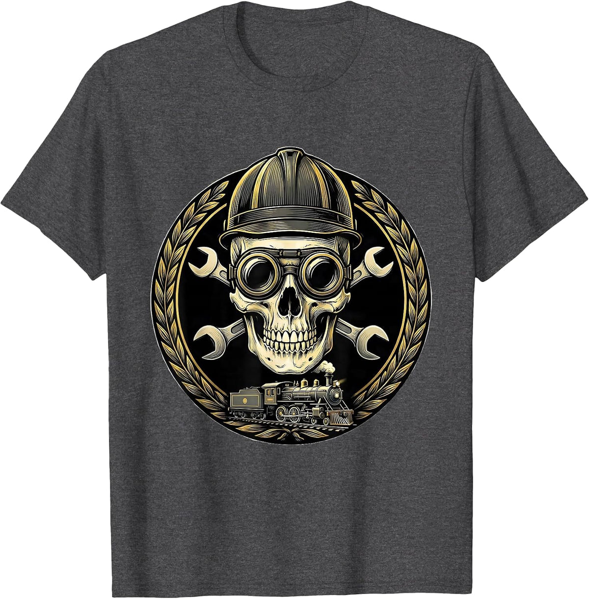 Men's Skull Engineer Cap and Goggles Graphic Tee T-Shirt - Dark Heather Grey