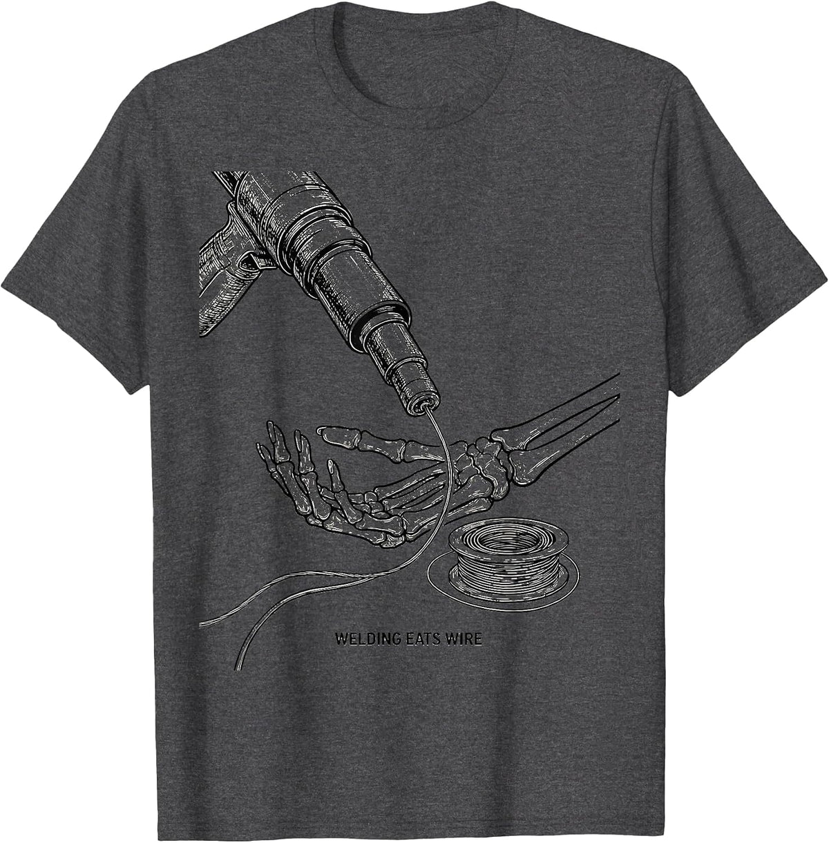Welding Eats Wire Funny Welder Skeleton Metal Worker Humor T-Shirt - Dark Heather Grey