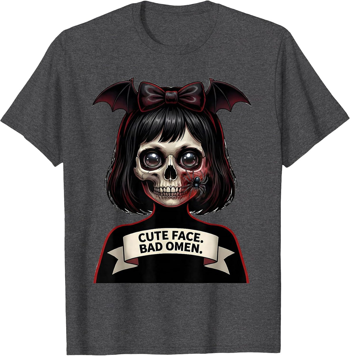 Men's Cute Face Bad Omen Horror Kawaii Anime Goth Girl Aesthetic T-Shirt - Dark Heather Grey
