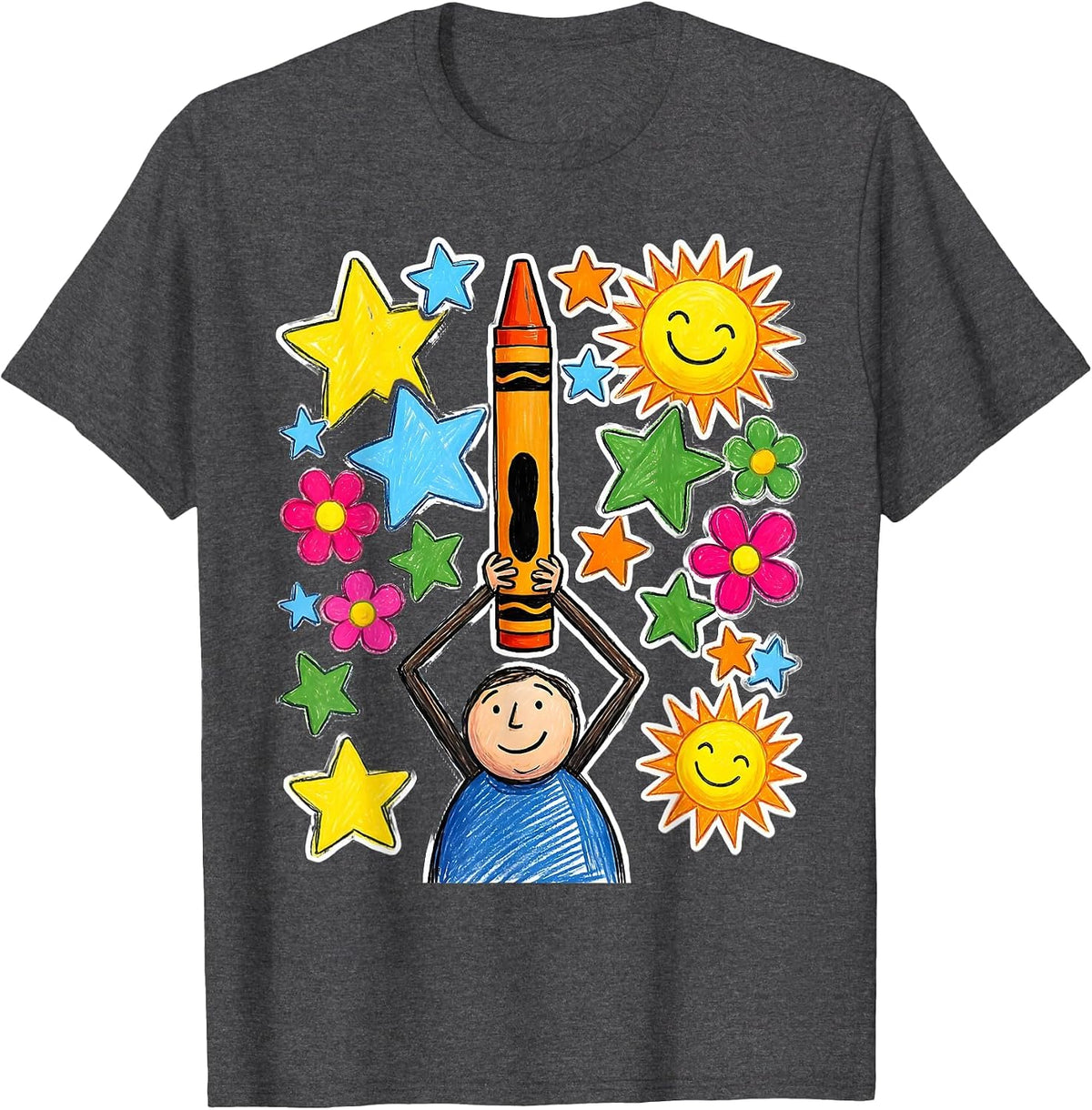 Men's Kindergarten Teacher Crayon Trophy Illustration T-Shirt - Dark Heather Grey