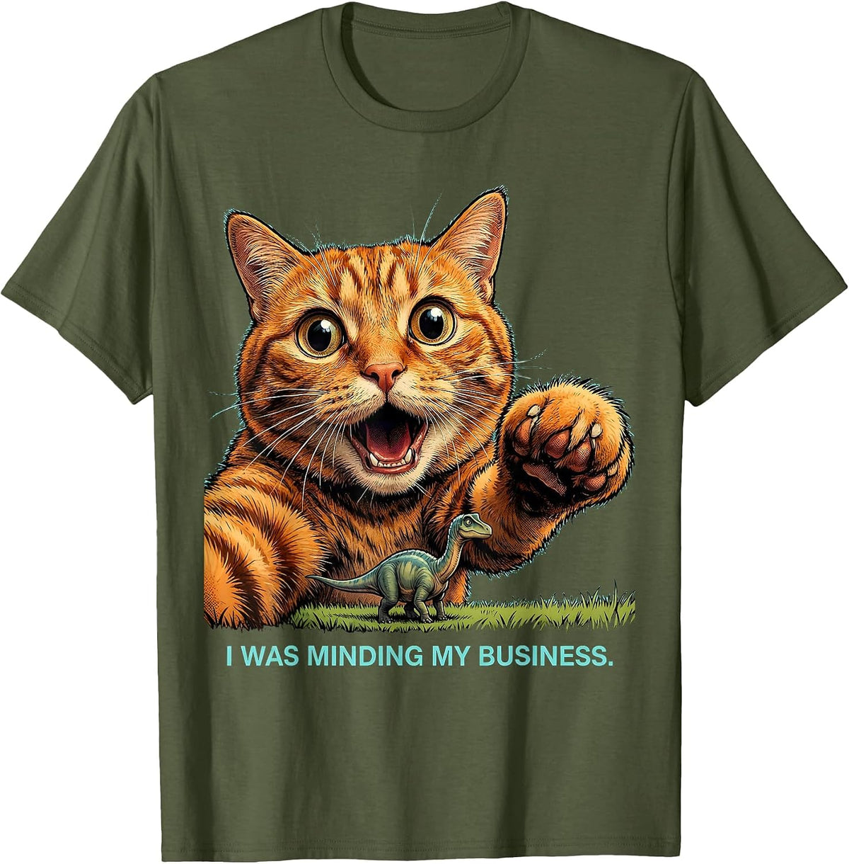 I Was Minding My Business Funny Cat Selfie Alien Cryptid T-Shirt - Olive Green