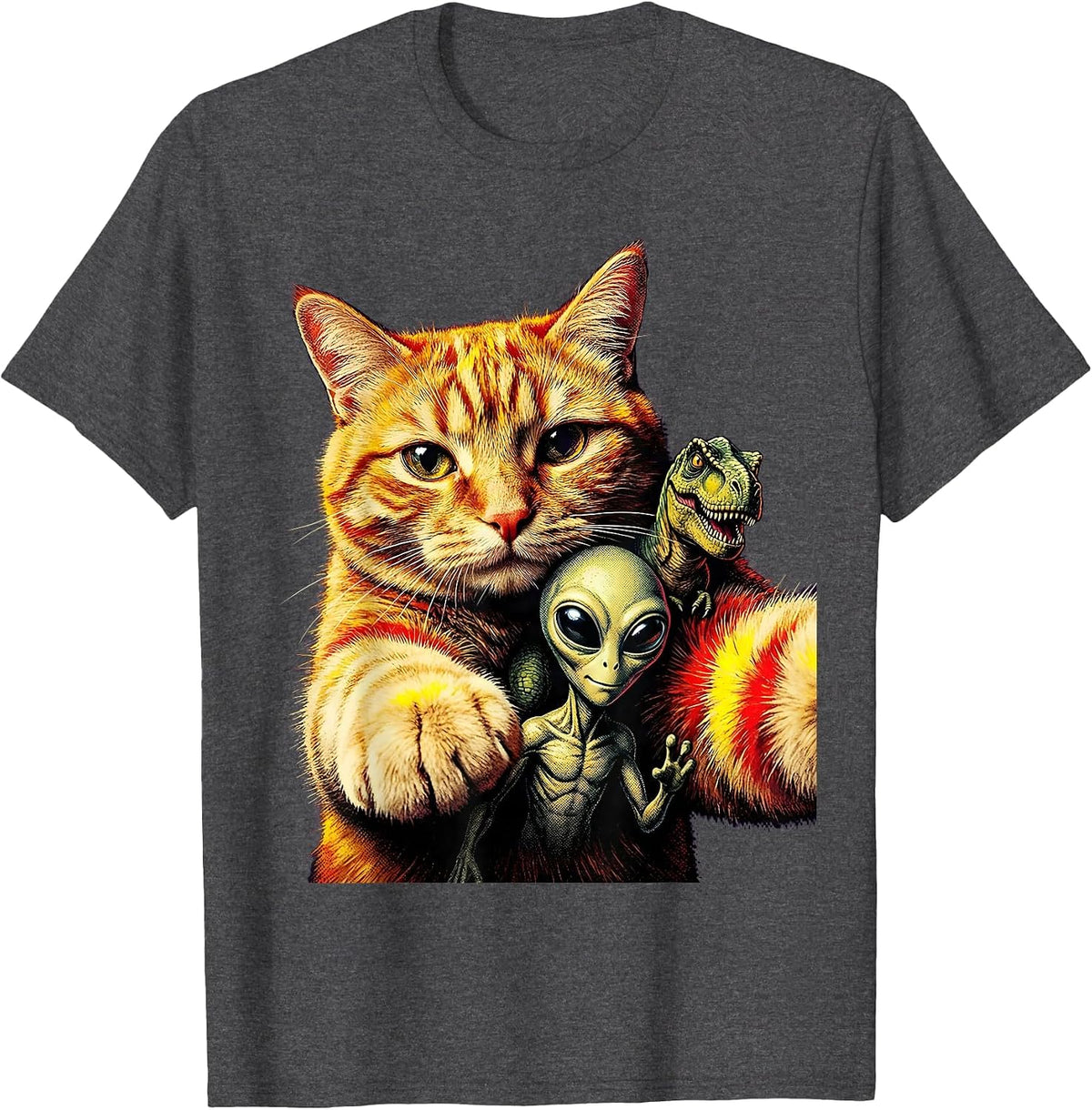 Oversized Cat Selfie Alien Dinosaur Pulp Cover Novelty T-Shirt - Dark Heather Grey
