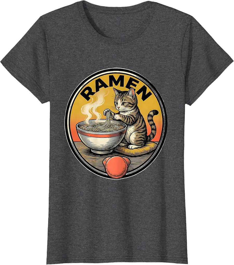 Women's RAMEN Ukiyo-e Kawaii Anime Cat Ramen Lover Gift T-Shirt - Dark Heather Grey