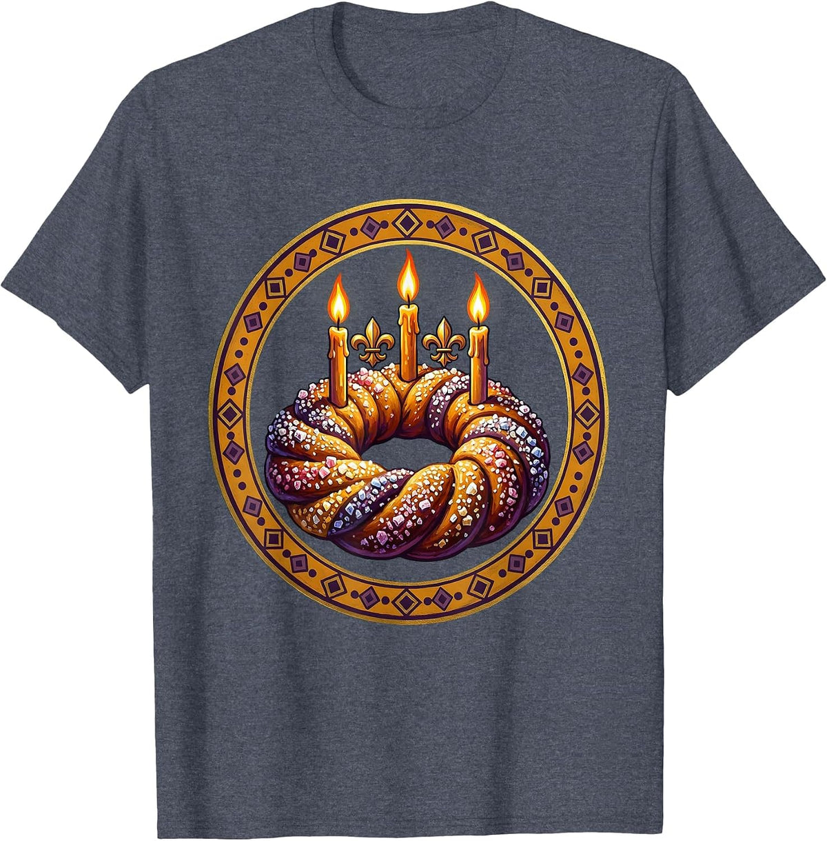 Mardi Gras King Cake Candles Sugar Crystals Graphic T-Shirt - Heather Blue