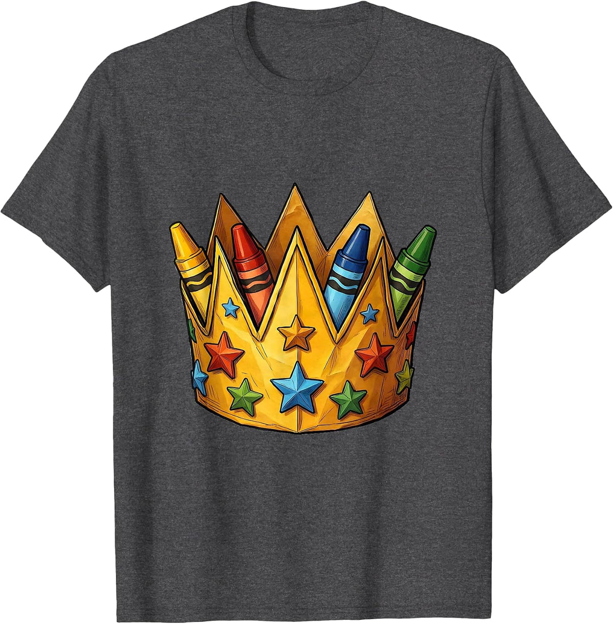 Kindergarten Teacher Crayon Crown Illustration T-Shirt - Dark Heather Grey