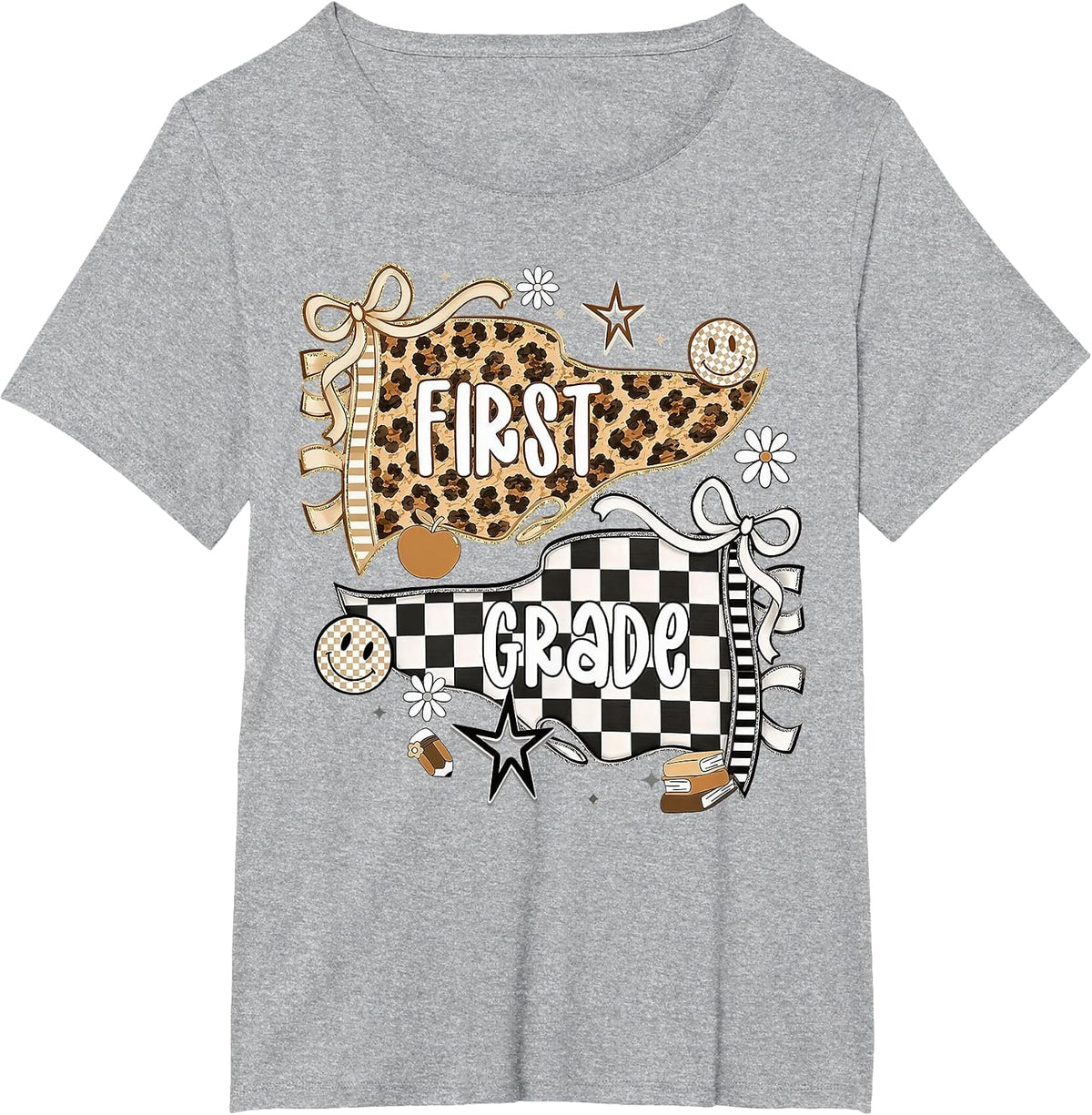 First Grade Leopard Teacher Pennant Flag Back to School T-Shirt - Heather Grey
