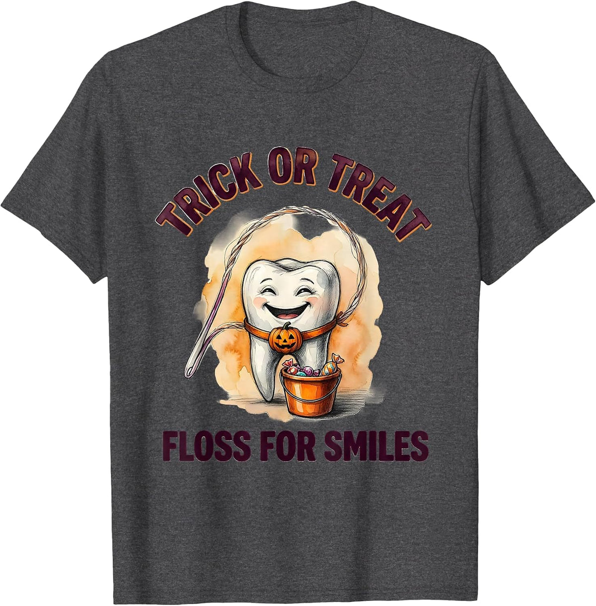 Men's Trick Or Treat Floss For Smiles Watercolor Dental Humor T-Shirt - Dark Heather Grey