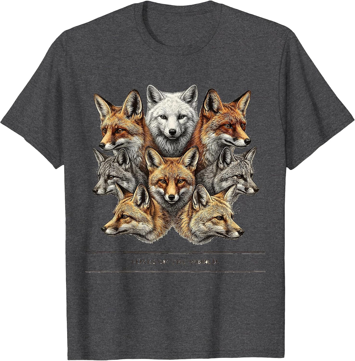 Foxes Of The World Crosshatch Etching Animal Lover Gift T-Shirt - Dark Heather Grey