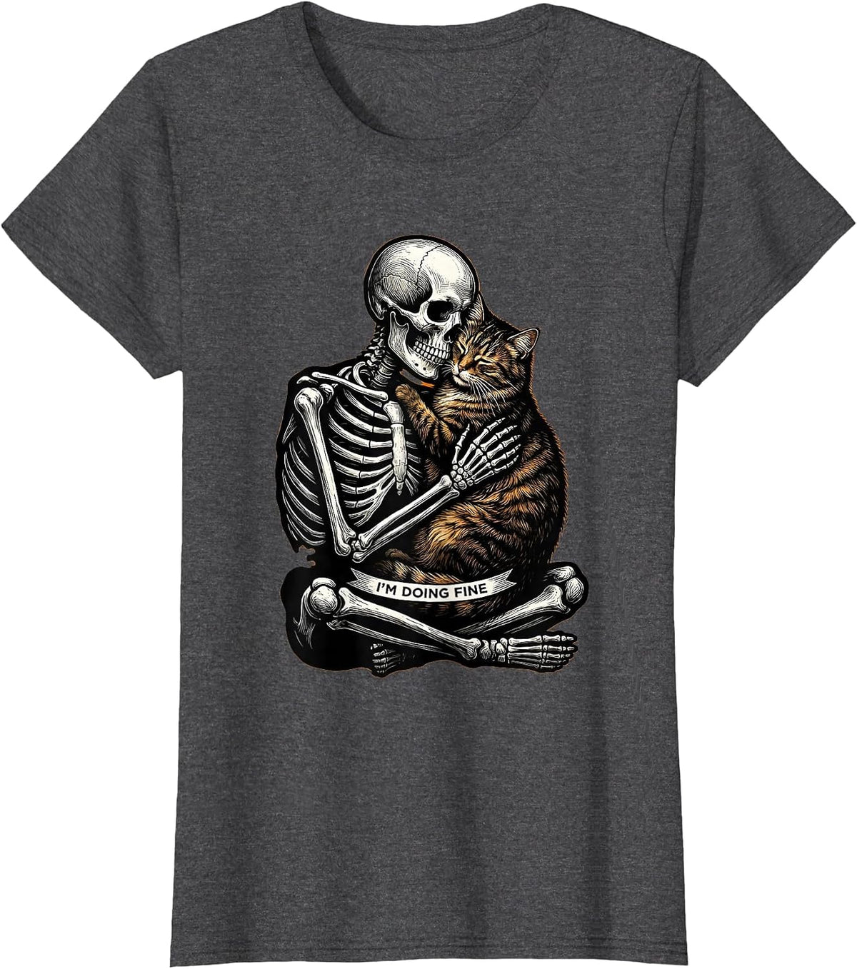 Women's I'm Doing Fine Scratchboard Skeleton Hugging Cat Halloween T-Shirt - Dark Heather Grey