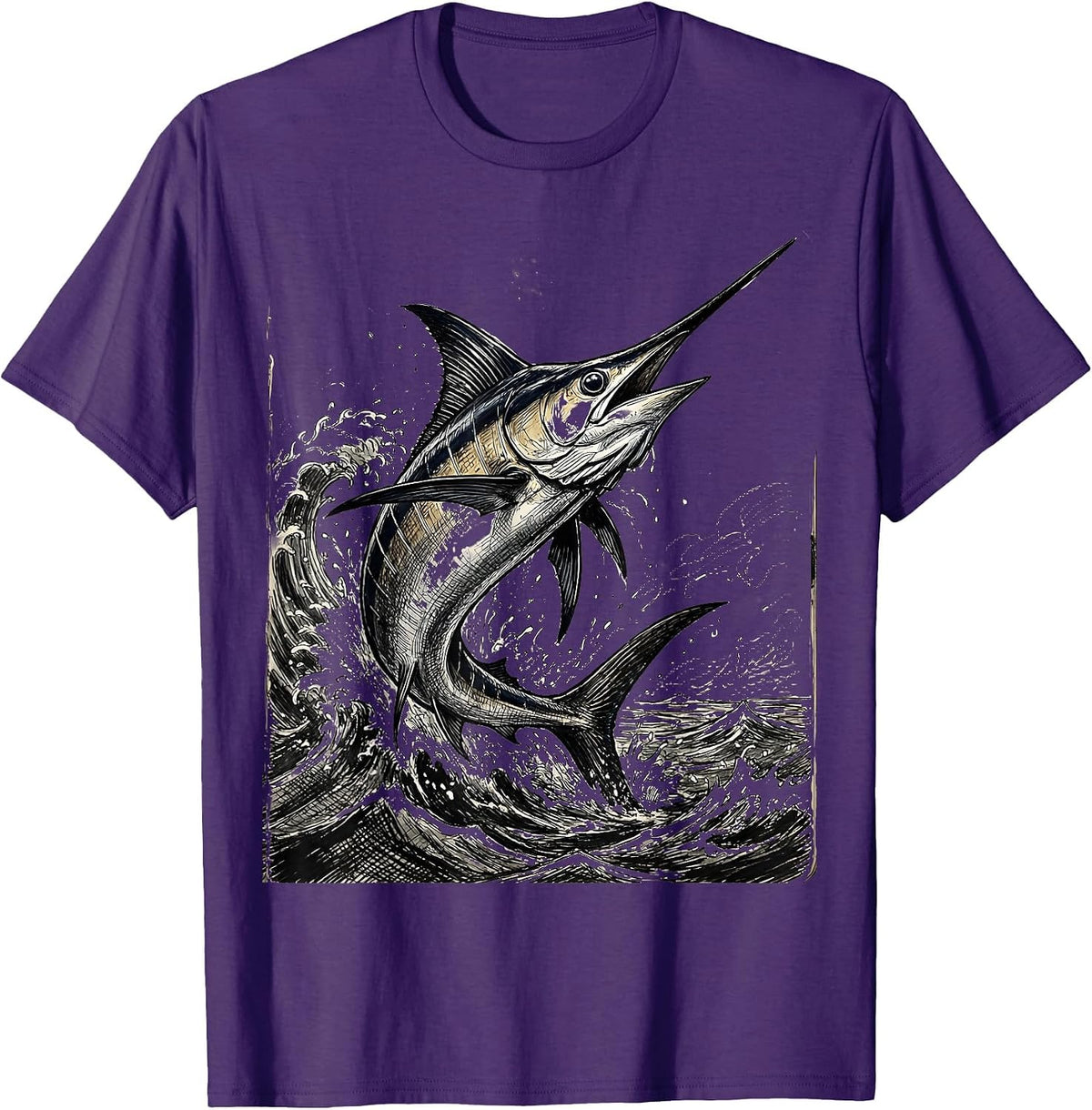 Marlin Jumping Ocean Waves Fishing Graphic T-Shirt - Purple