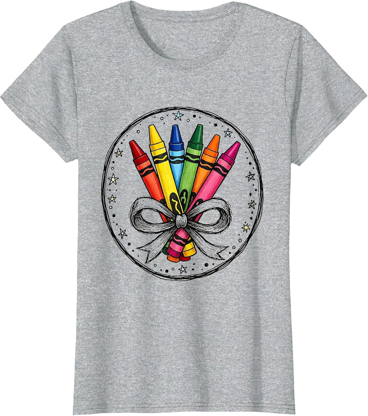 Women's Kindergarten Teacher Crayon Bundle Bow Graphic T-Shirt - Heather Grey