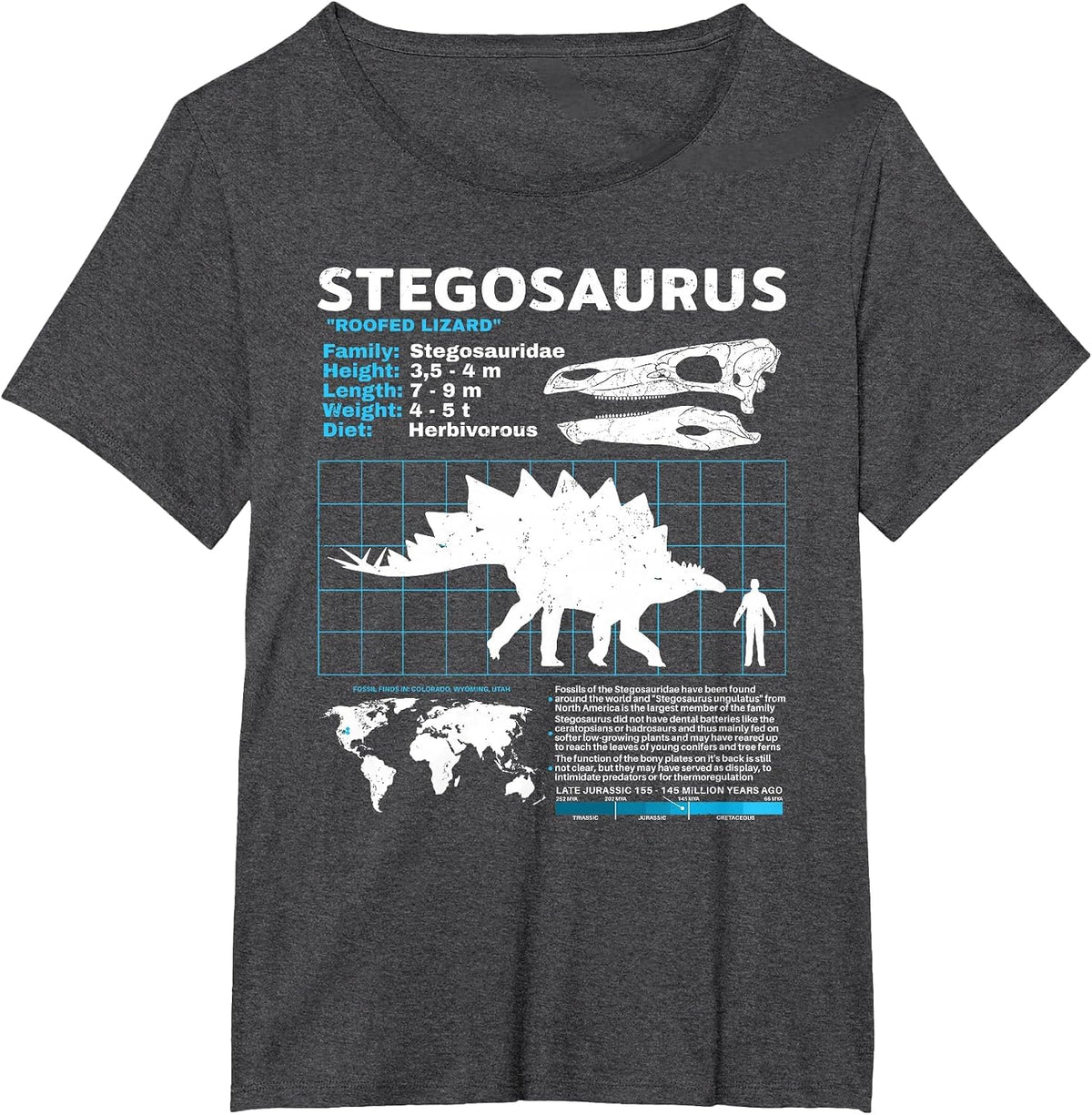Stegosaurus fact Sheet Dinosaur Facts T-Shirt - Dark Heather Grey