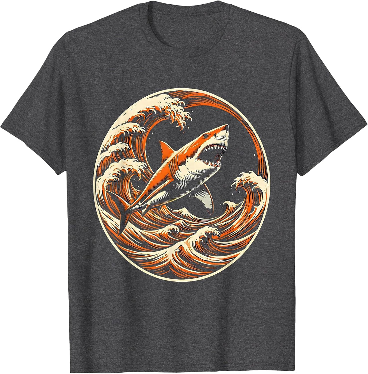 Men's Aggressive Shark Cutting Through Ocean Waves T-Shirt - Dark Heather Grey