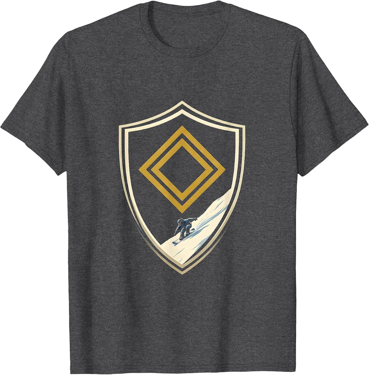 Men's Double Diamond Snowboarder Shield Ski Dad Humor T-Shirt - Dark Heather Grey