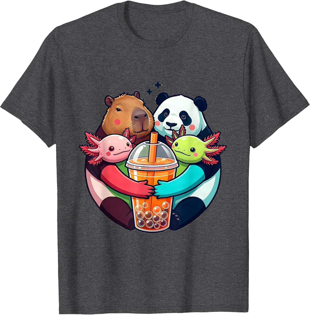 Men's Cute Chibi Capybara Panda Axolotl Boba Tea Kawaii Anime T-Shirt - Dark Heather Grey