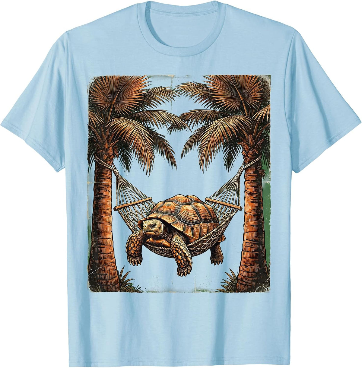 Men's Tortoise Hammock Chill Tropical Palm Tree Design T-Shirt - Baby Blue