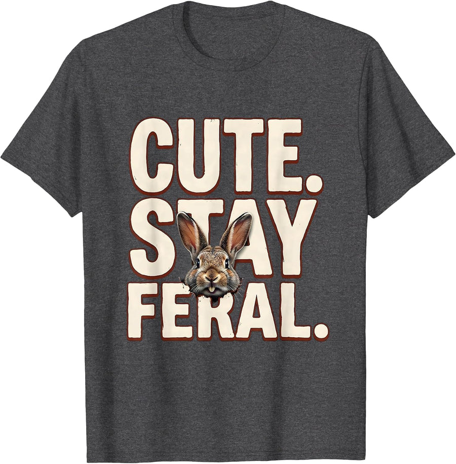 Men's Cute. Stay Feral Creepy Cute Goth Bunny Horror Aesthetic T-Shirt - Dark Heather Grey