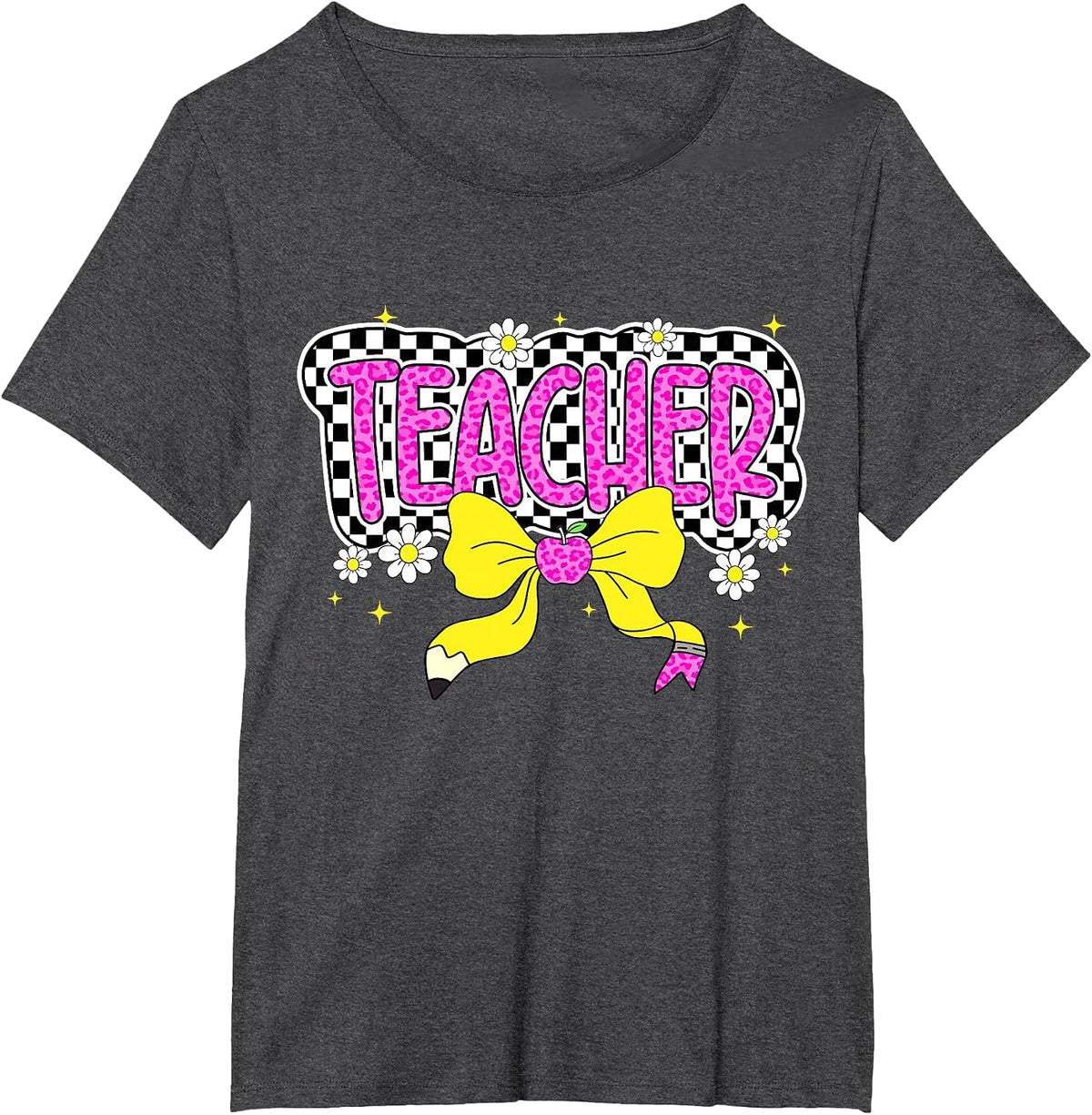 Retro Checkered Pink Bow Teacher Back to School T-Shirt - Dark Heather Grey
