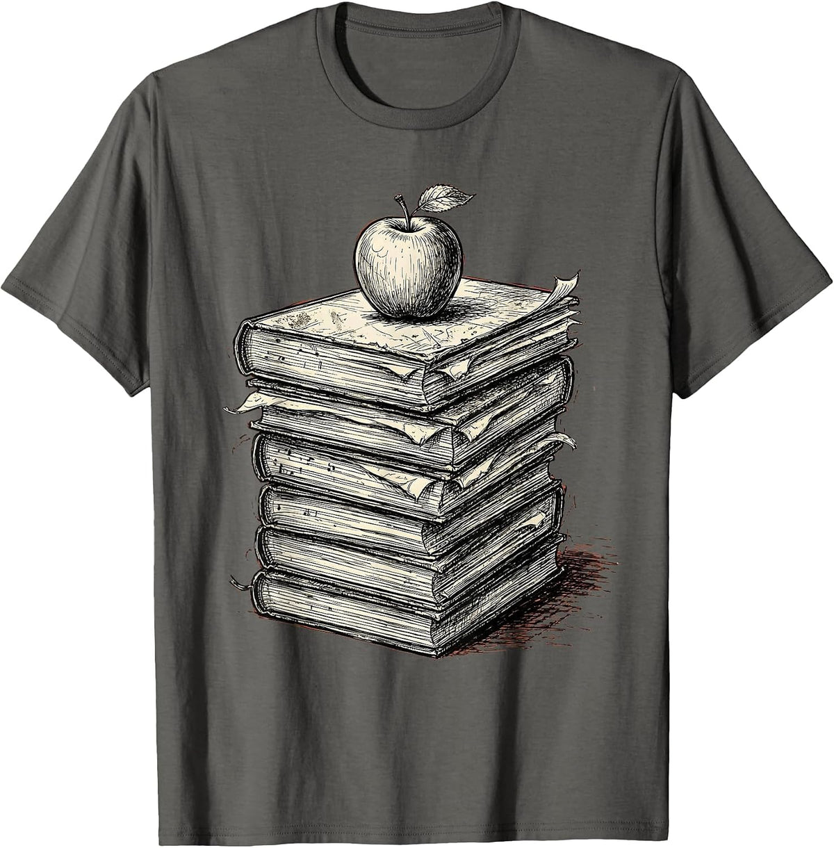 Music Teacher Worn Books and Apple Graphic T-Shirt - Asphalt Grey