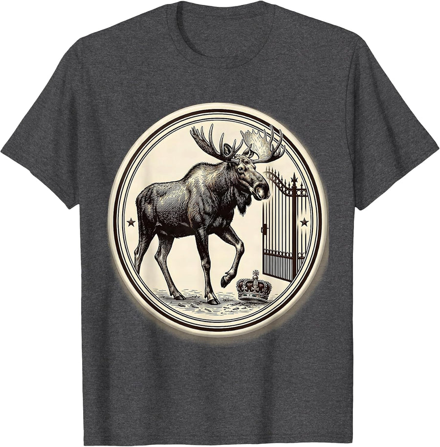 Men's Bull Moose Badge Political Satire Roosevelt Tribute T-Shirt - Dark Heather Grey