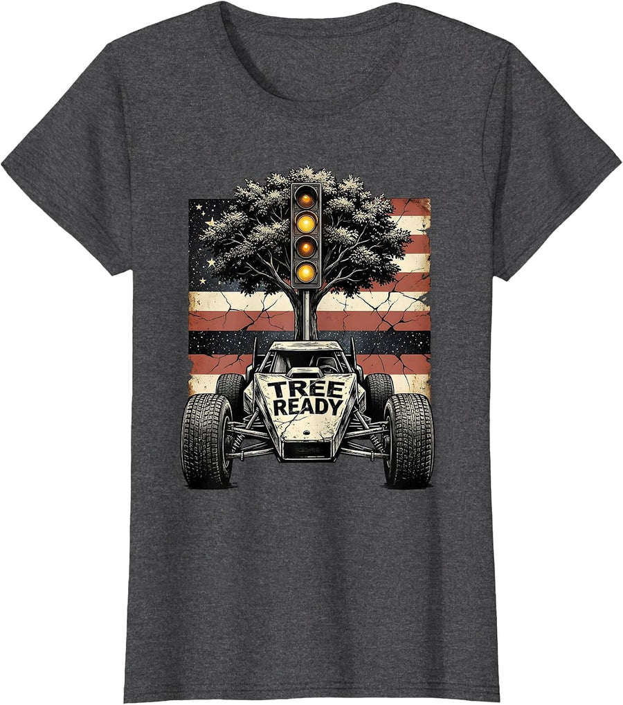 Women's Tree Ready Distressed Patriotic RC Car Racing Sprint Car T-Shirt - Dark Heather Grey