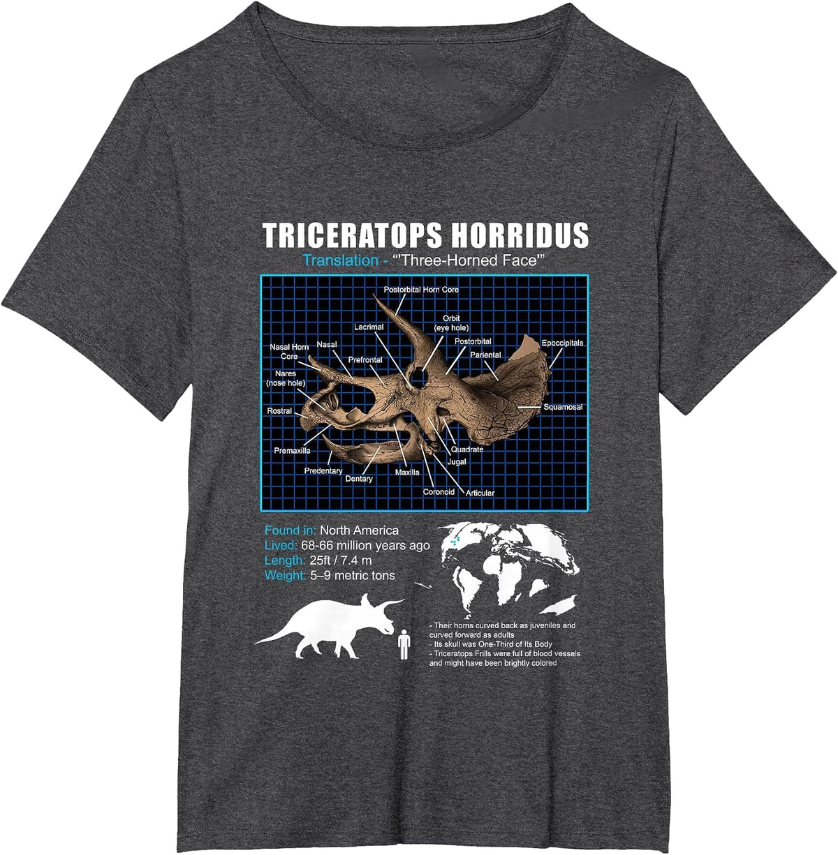 Triceratops Skull Anatomy T-Shirt - Dark Heather Grey