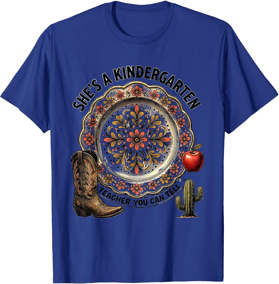 She's A Kindergarten Teacher, You Can Tell Folk Art T-Shirt - Royal Blue
