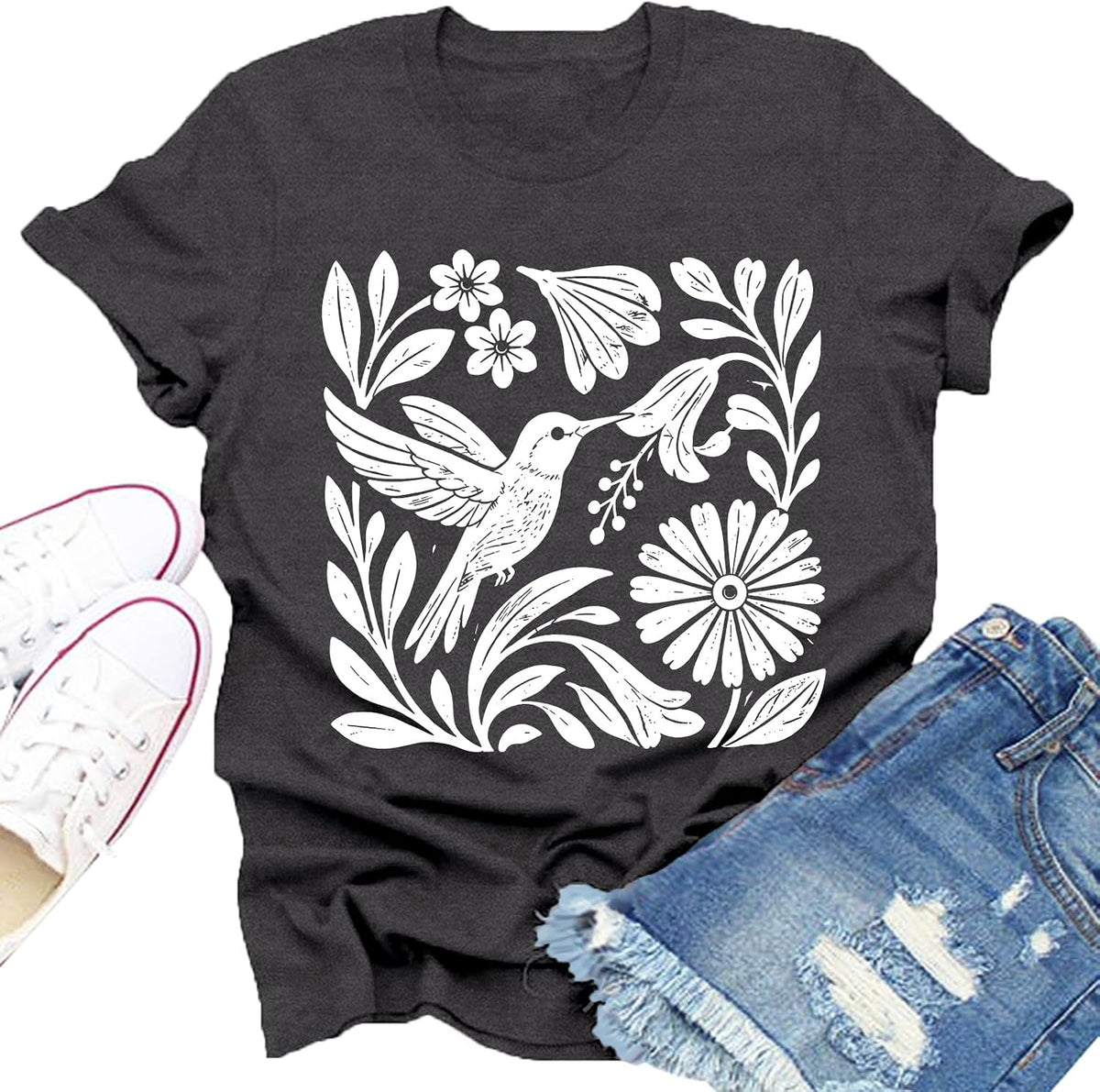 Hummingbird Shirts for Women Boho Woodcut Bird Flower Graphic Tee - Grey