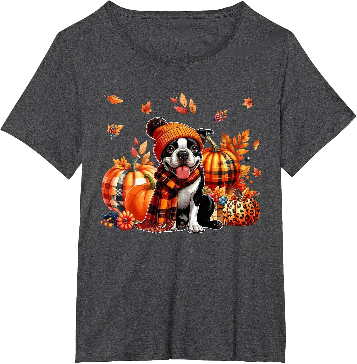 Boston Terrier Thanksgiving Leopard Pumpkins Fall Leaves T-Shirt - Dark Heather Grey